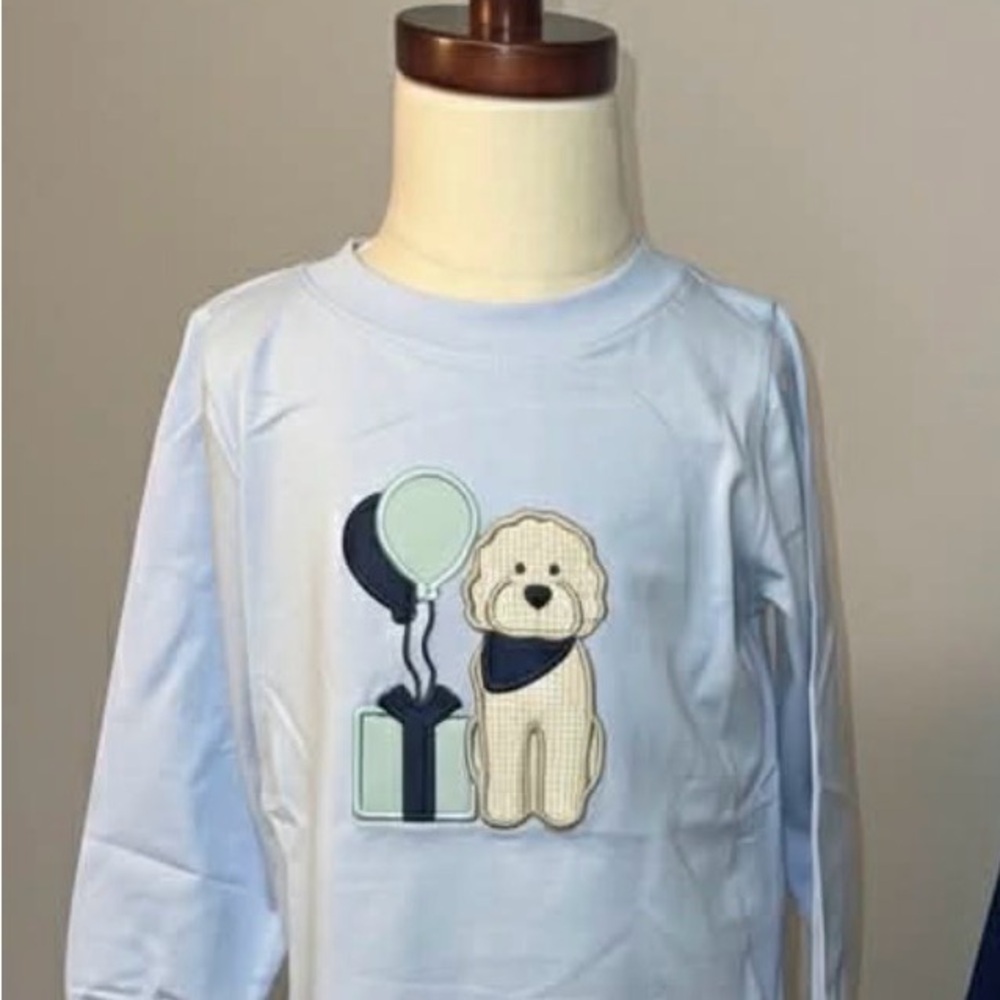 Kids Long-Sleeve Light Blue Dog Appliqué Top